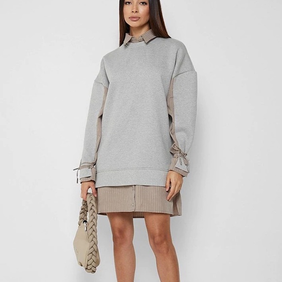 manire de Voir Dresses | Jumper Dress with Pinstripe Shirt | Color: Gray/Tan | Size: 6 | Walkeranne24's Closet